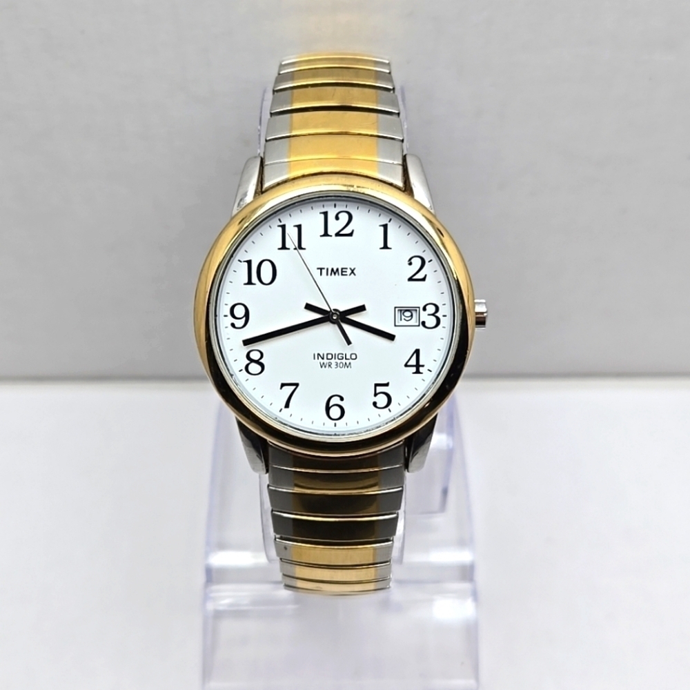 Mens Timex R6 Date Indiglo Two Tone Quartz Analog Watch New Battery - Picture 1 of 13